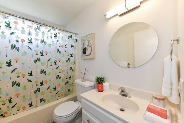 full bath featuring toilet, shower / bath combo, and vanity