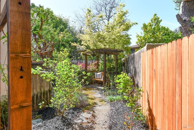 view of yard with a fenced backyard and a pergola