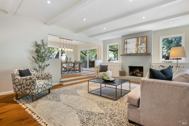 living room featuring beam ceiling, a wealth of natural light, a fireplace with raised hearth, and wood finished floors