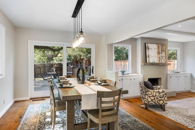 dining room with light wood-style flooring, a fireplace, and a wealth of natural light