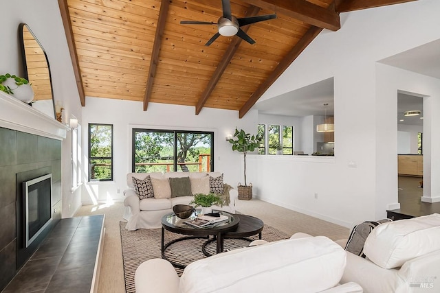 2532 Laguna Vista Dr, Novato, CA 94945 - carpeted living room featuring a fireplace, baseboards, ceiling fan, high vaulted ceiling, and wooden ceiling with exposed beams