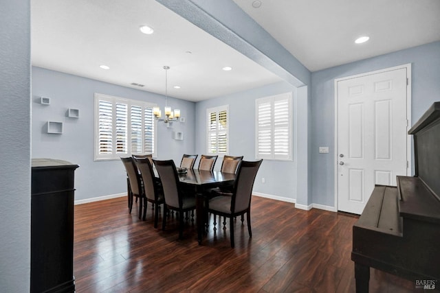 2436 Chuck Hammond Dr, Fairfield, CA 94533 - dining room featuring visible vents, recessed lighting, baseboards, dark wood-style floors, and a notable chandelier