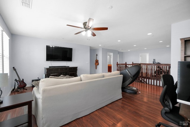 2436 Chuck Hammond Dr, Fairfield, CA 94533 - living room featuring ceiling fan, dark wood finished floors, visible vents, and recessed lighting
