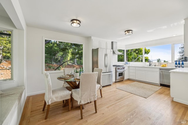 kitchen with wall chimney exhaust hood, stainless steel appliances, and a healthy amount of sunlight