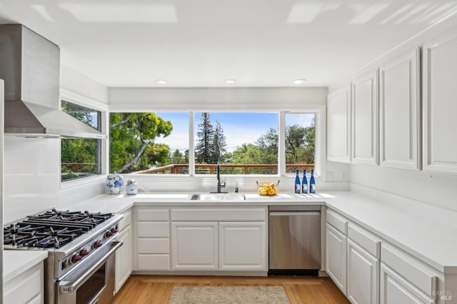 kitchen featuring wall chimney exhaust hood, white cabinetry, stainless steel appliances, and a sink