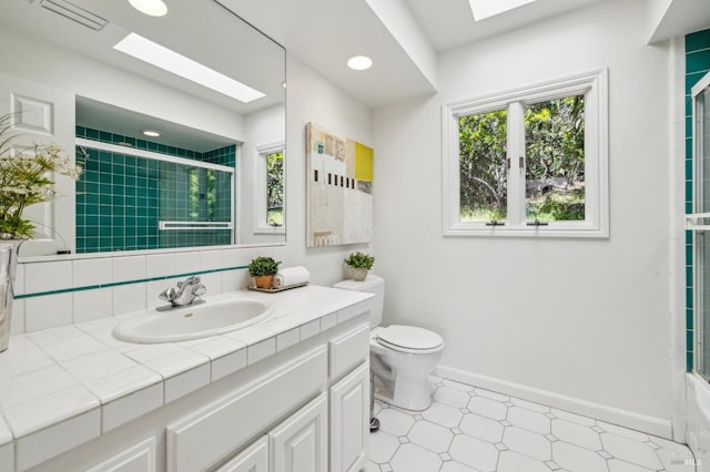 bathroom with tile patterned floors, toilet, a tile shower, visible vents, and baseboards