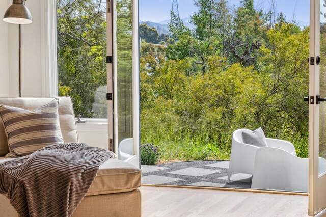 doorway to outside with wood finished floors and a mountain view