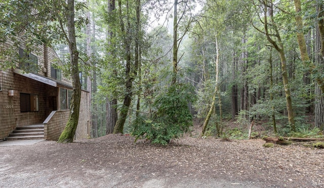 view of yard with a view of trees