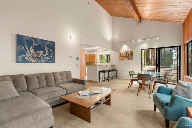 living room with high vaulted ceiling, beamed ceiling, light colored carpet, and wooden ceiling