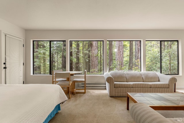 bedroom with carpet floors and baseboard heating