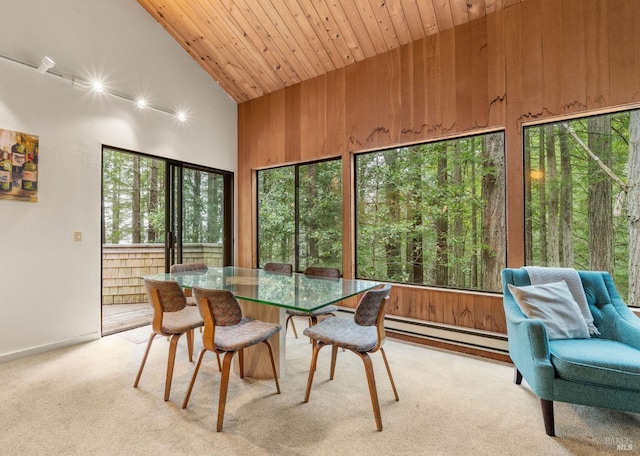 dining room with high vaulted ceiling, wooden walls, a baseboard heating unit, and a healthy amount of sunlight