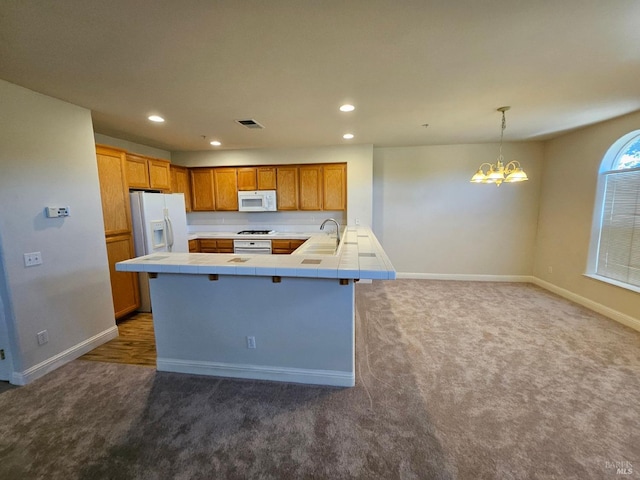 43 Johnson St, Windsor, CA 95492 - kitchen with tile countertops, white appliances, visible vents, carpet flooring, and a sink