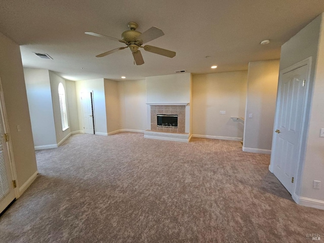 43 Johnson St, Windsor, CA 95492 - unfurnished living room featuring baseboards, recessed lighting, a tiled fireplace, carpet floors, and ceiling fan