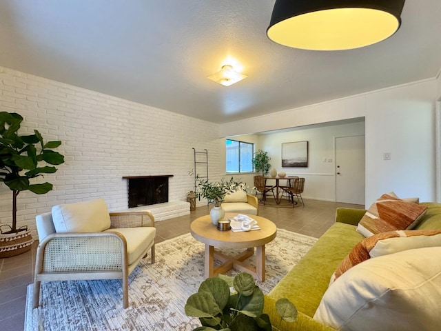 living room featuring tile patterned flooring, baseboards, and a fireplace