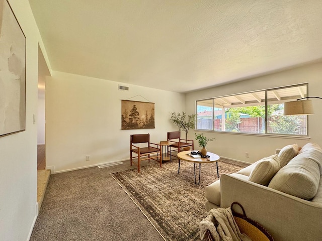 living room featuring visible vents, carpet floors, and baseboards