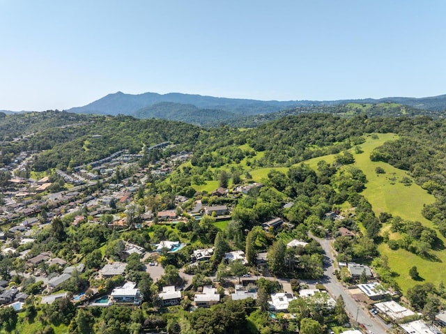 drone / aerial view with a forest view and a mountain view