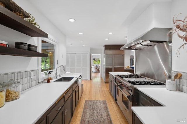 15 Glen Dr, Mill Valley, CA 94941 - kitchen with open shelves, a sink, a wealth of natural light, light wood-type flooring, and high end appliances