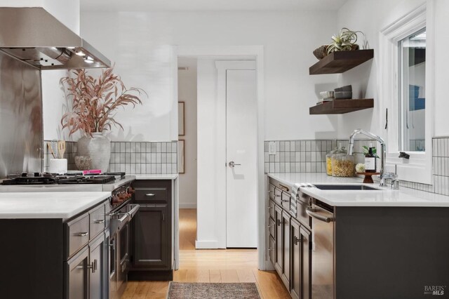 15 Glen Dr, Mill Valley, CA 94941 - kitchen with exhaust hood, light countertops, a sink, light wood finished floors, and backsplash