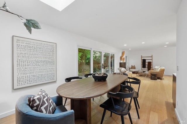 15 Glen Dr, Mill Valley, CA 94941 - dining space with light wood-type flooring, baseboards, a skylight, and recessed lighting