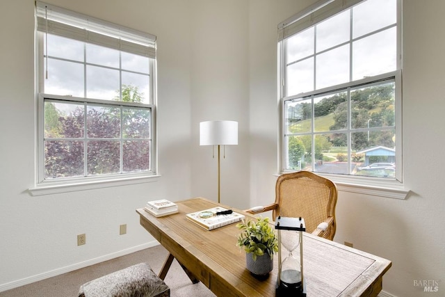 carpeted home office with baseboards