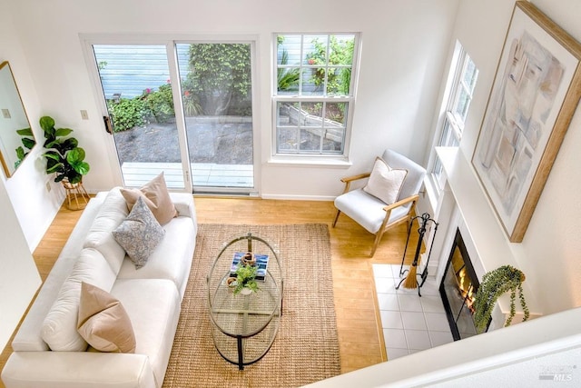 living room with baseboards, a fireplace with flush hearth, plenty of natural light, and light wood finished floors