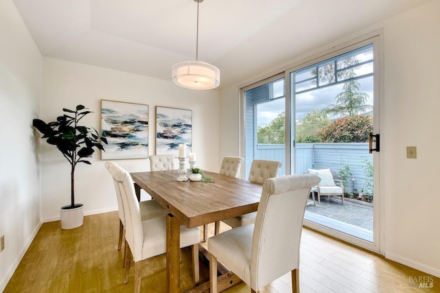 dining room with a healthy amount of sunlight, baseboards, and light wood-type flooring