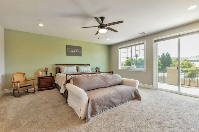 bedroom featuring light carpet, recessed lighting, access to exterior, and baseboards