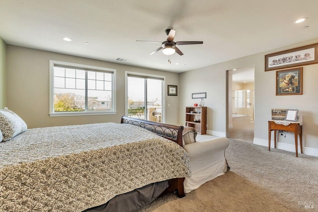 bedroom with recessed lighting, carpet, visible vents, and baseboards