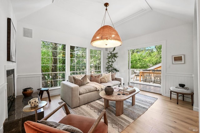 354 Forrest Ave, Fairfax, CA 94930 - living room with lofted ceiling, healthy amount of natural light, a wainscoted wall, and light wood-type flooring