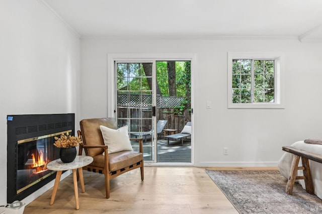 354 Forrest Ave, Fairfax, CA 94930 - living area featuring crown molding, plenty of natural light, wood finished floors, and a glass covered fireplace