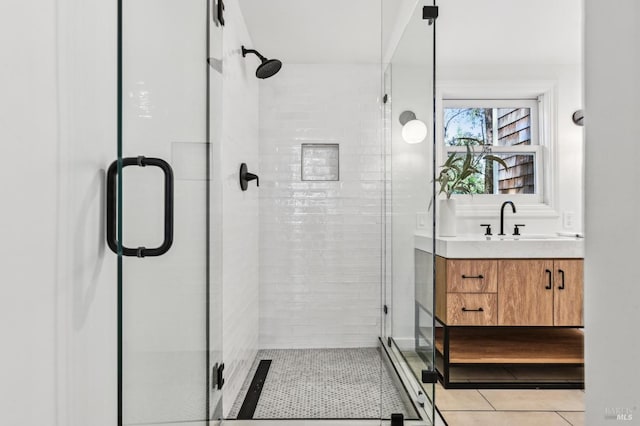 354 Forrest Ave, Fairfax, CA 94930 - bathroom with a shower stall, tile patterned flooring, and vanity