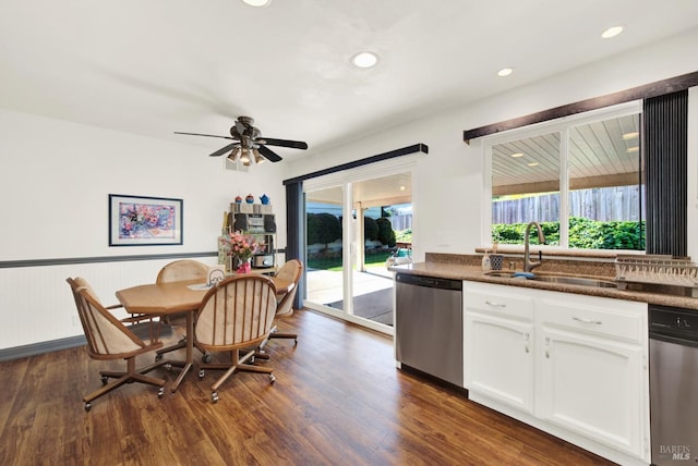 410 Duvall Ct, Benicia, CA 94510 - dining room with a ceiling fan, recessed lighting, dark wood-style floors, and a wainscoted wall