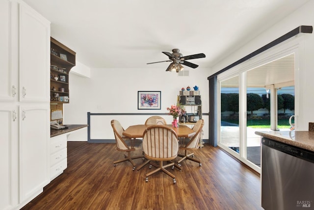 410 Duvall Ct, Benicia, CA 94510 - dining area featuring dark wood-type flooring, built in desk, ceiling fan, and visible vents