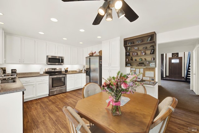 410 Duvall Ct, Benicia, CA 94510 - dining room with recessed lighting, stairway, wood finished floors, and ceiling fan