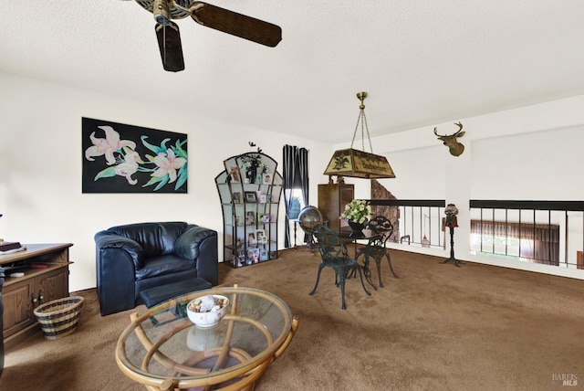 410 Duvall Ct, Benicia, CA 94510 - living room with carpet, a textured ceiling, and a ceiling fan