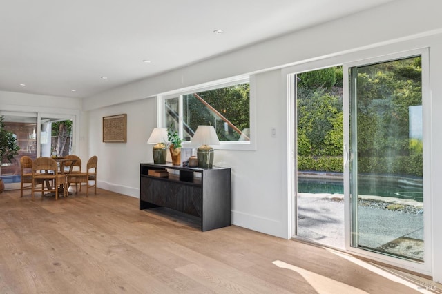 doorway to outside with plenty of natural light, wood finished floors, and baseboards