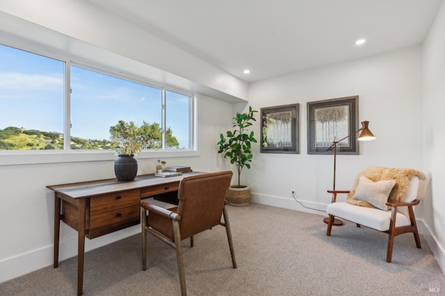 office featuring light colored carpet, baseboards, and recessed lighting