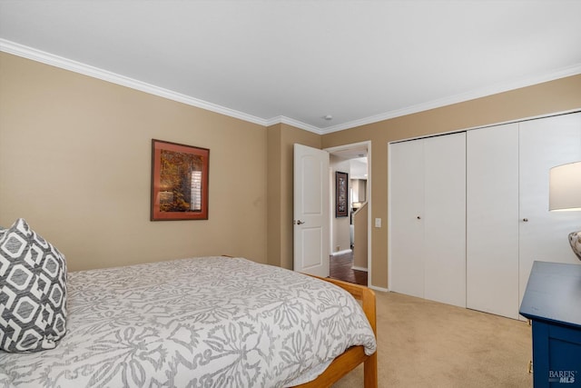 1206 Cayetano Dr, Napa, CA 94559 - bedroom featuring light carpet, a closet, and crown molding