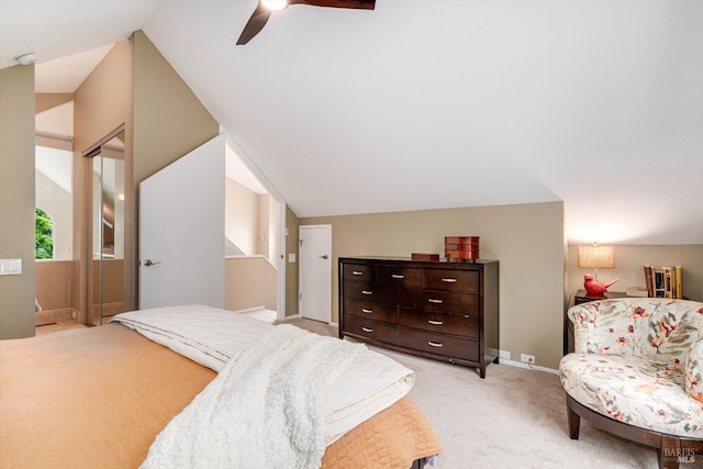 1206 Cayetano Dr, Napa, CA 94559 - bedroom featuring baseboards, lofted ceiling, light colored carpet, and ceiling fan