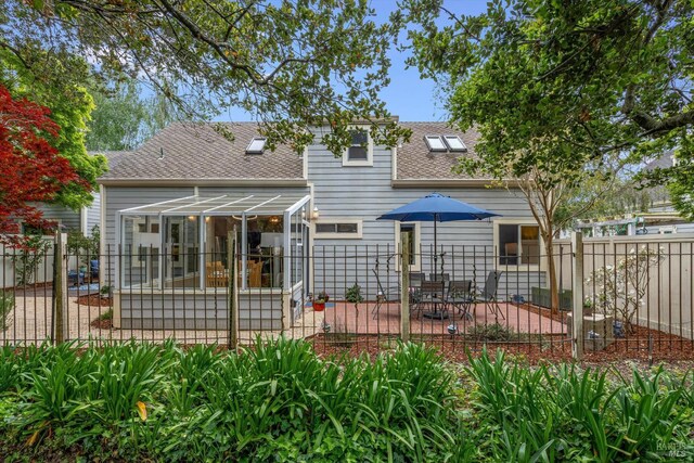 1206 Cayetano Dr, Napa, CA 94559 - rear view of property with a patio area, a sunroom, a shingled roof, and fence