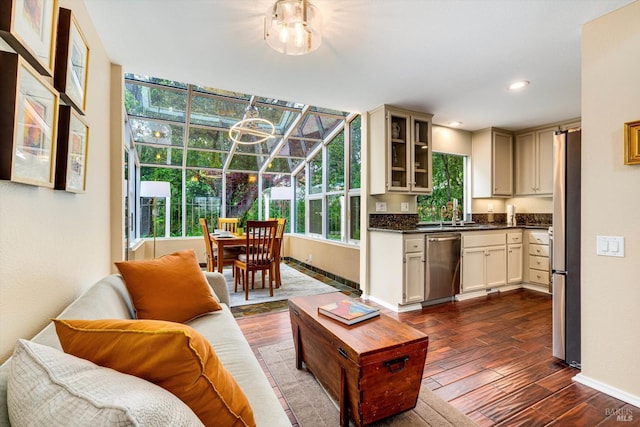 1206 Cayetano Dr, Napa, CA 94559 - living area with baseboards, recessed lighting, a sunroom, and dark wood finished floors