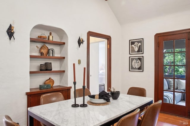 12 Jones Way, Larkspur, CA 94939 - dining room with light wood-style flooring, built in shelves, and lofted ceiling