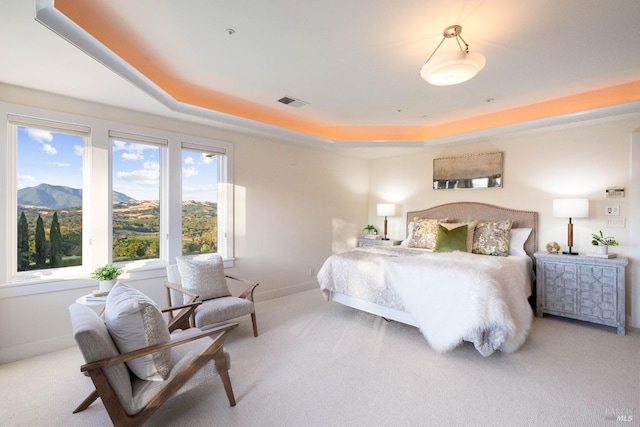 bedroom featuring a mountain view, a raised ceiling, and carpet flooring