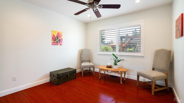 sitting room with wood finished floors, ceiling fan, recessed lighting, and baseboards