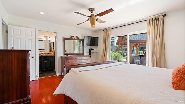 bedroom with recessed lighting, ensuite bath, access to outside, dark wood-style flooring, and a ceiling fan