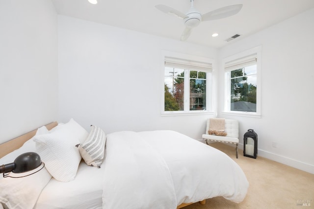 bedroom featuring carpet flooring, baseboards, visible vents, and recessed lighting