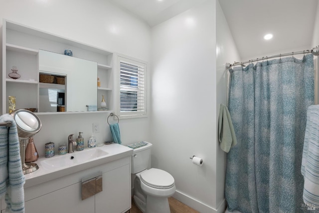 1036 Summit Ave, Napa, CA 94559 - bathroom featuring toilet, vanity, a shower with shower curtain, and baseboards