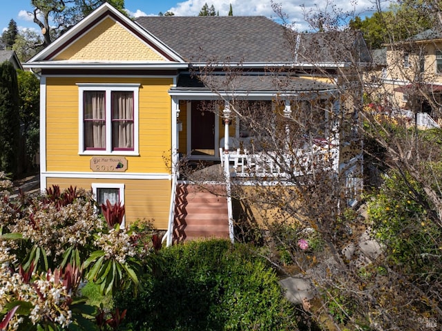 view of front facade with covered porch and roof with shingles