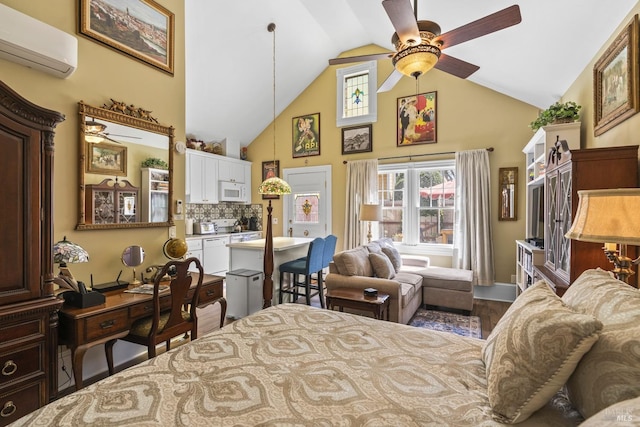 bedroom featuring high vaulted ceiling, wood finished floors, and a wall mounted air conditioner