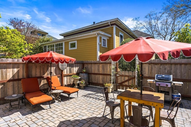 view of patio featuring a fenced backyard and a gate